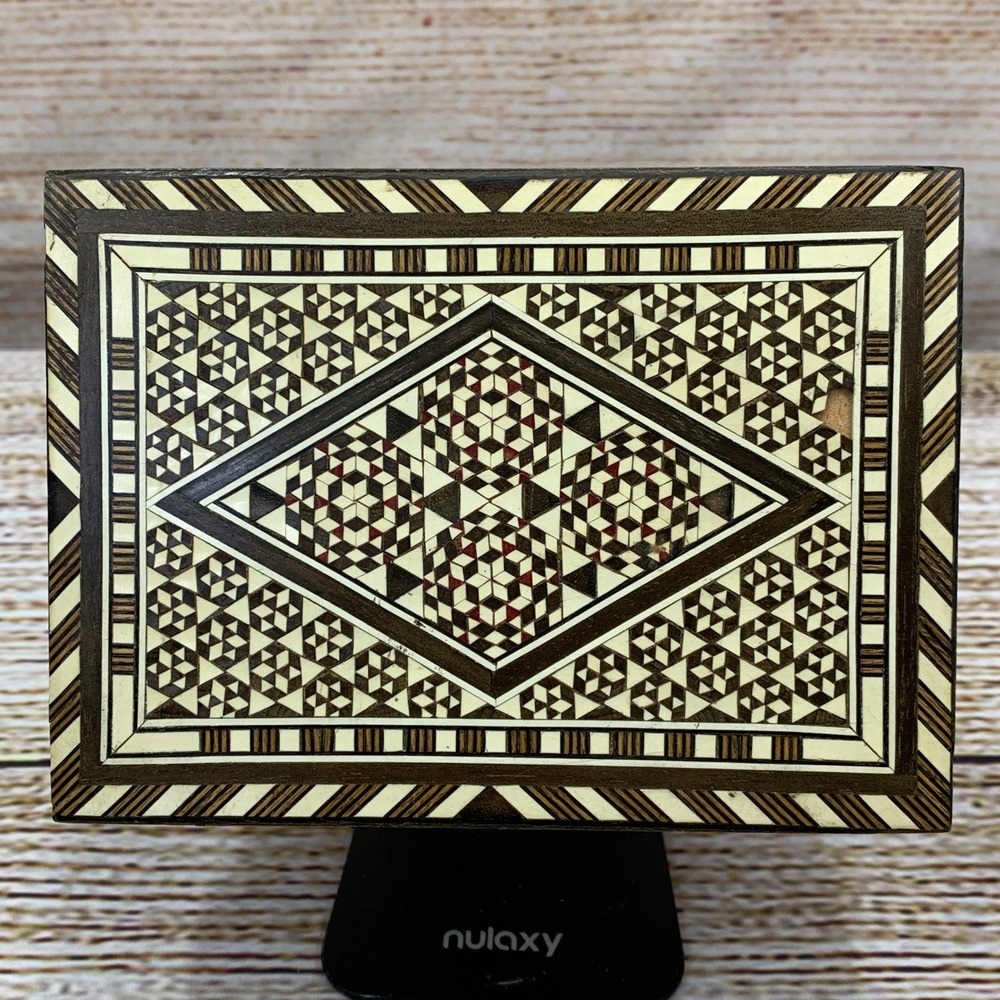 Vintage Inlaid Wooden Box with Geometric Pattern‎ Red Velvet Lining